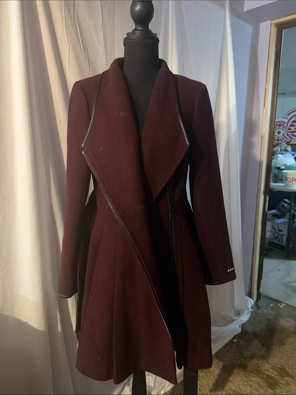 DKNY Deep Burgundy Asymmetric Wool Trench Coat